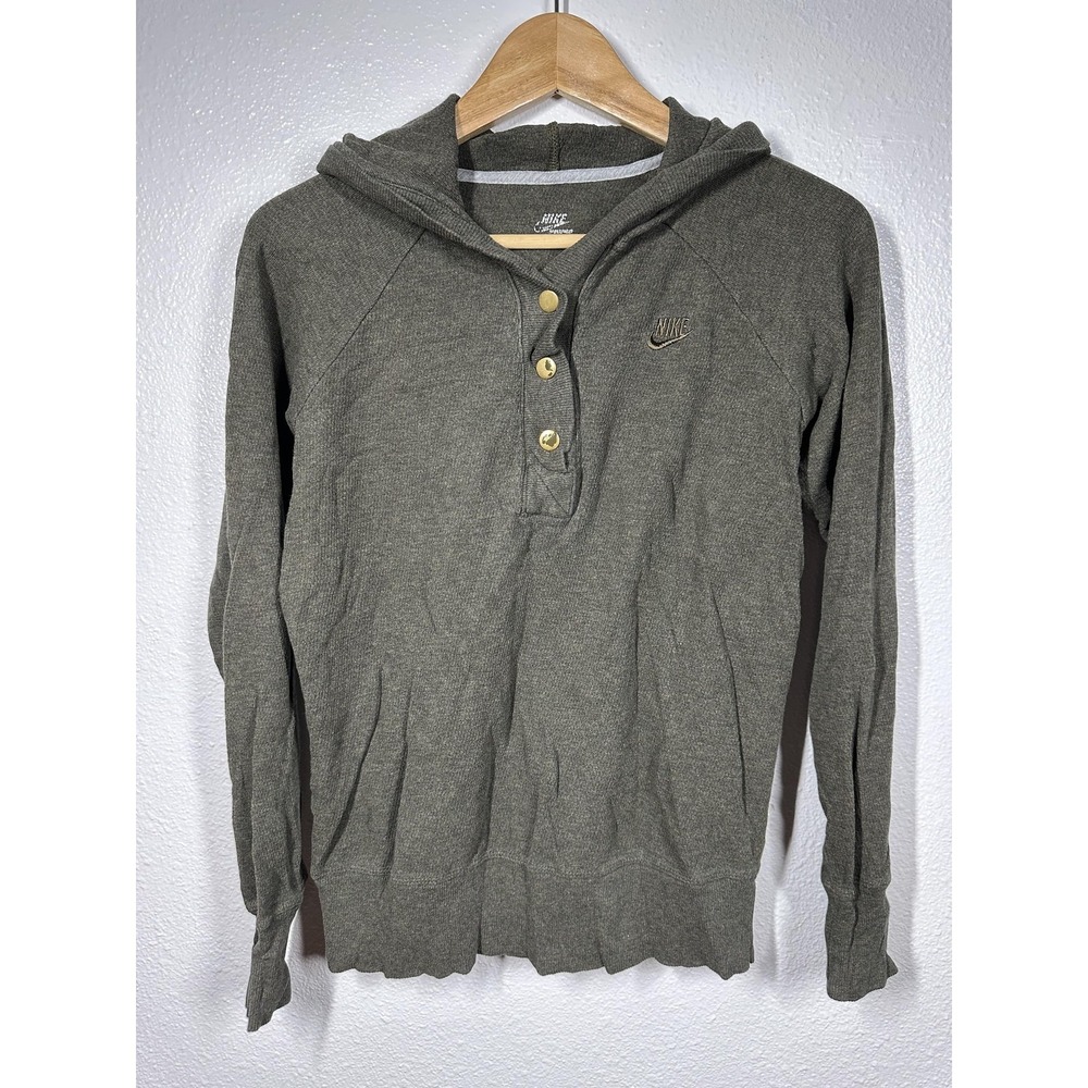 Nike Sweater Womens Medium Olive Green Hooded Pullover Button Henley Sportswear